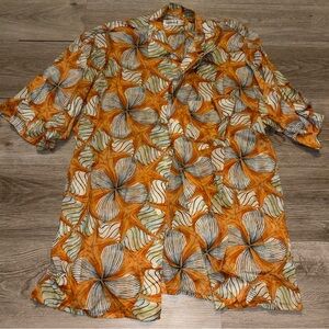 Women's Orange Patterned Short-Sleeve Button-Down Shirt